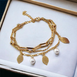 Golden Leaf & Pearl Anklet for Women