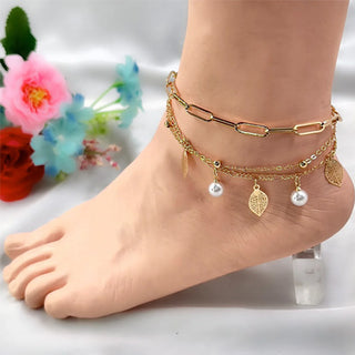 Golden Leaf & Pearl Anklet for Women