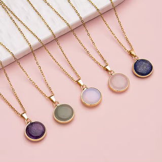 1pc Stainless steel adjustable natural crystal stone gemstone agate round pendant necklace for women and men