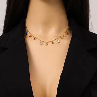 EILIECK 316L Stainless Steel Geometric Colorful Crystal Zirconia Pendant Necklace For Women Fashion Neck Chain Jewelry Gift