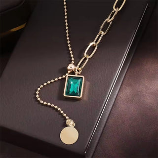 Trendy Square Stainless Steel Green Zirconia Pendant Necklaces For Women Girls Gold Color Metal Round Drop Jewelry Birthday