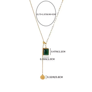 Trendy Square Stainless Steel Green Zirconia Pendant Necklaces For Women Girls Gold Color Metal Round Drop Jewelry Birthday