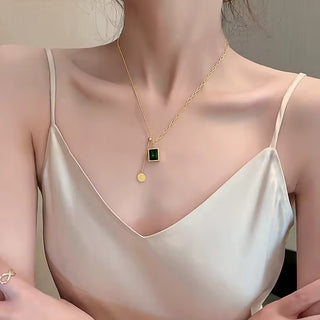 Trendy Square Stainless Steel Green Zirconia Pendant Necklaces For Women Girls Gold Color Metal Round Drop Jewelry Birthday