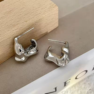 2 Pairs Simple Irregular Geometric Earring Set For Women's Exquisite Wavy Round Hoop Earrings Fashion Metal Ear Accessories