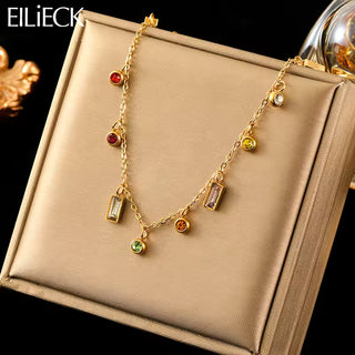 EILIECK 316L Stainless Steel Geometric Colorful Crystal Zirconia Pendant Necklace For Women Fashion Neck Chain Jewelry Gift