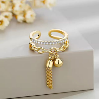Korean Fashion Metal Ball Shaped Pendant Tassel Ring for Women Double Layer Zircon Retro Cross Adjustable Rings Party Jewelry