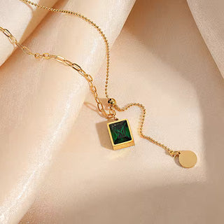 Trendy Square Stainless Steel Green Zirconia Pendant Necklaces For Women Girls Gold Color Metal Round Drop Jewelry Birthday