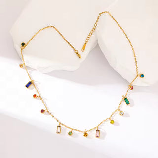 EILIECK 316L Stainless Steel Geometric Colorful Crystal Zirconia Pendant Necklace For Women Fashion Neck Chain Jewelry Gift