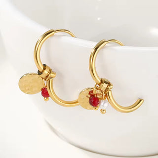 YACHAN 18K Gold Plated Stainless Steel Hoop Earrings for Women Tap Texture Metal Pearl Charms Earring Trendy Jewelry Gift