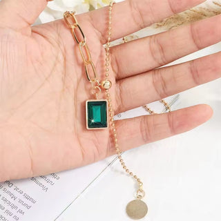Trendy Square Stainless Steel Green Zirconia Pendant Necklaces For Women Girls Gold Color Metal Round Drop Jewelry Birthday