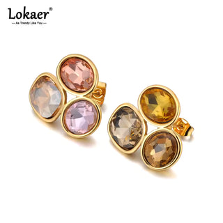 Lokaer Stainless Steel Colorful Cubic Zirconia Stone Stud Earrings 18k PVD Plated Waterproof Fashion Daily Women Jewelry E24203