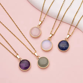 1pc Stainless steel adjustable natural crystal stone gemstone agate round pendant necklace for women and men